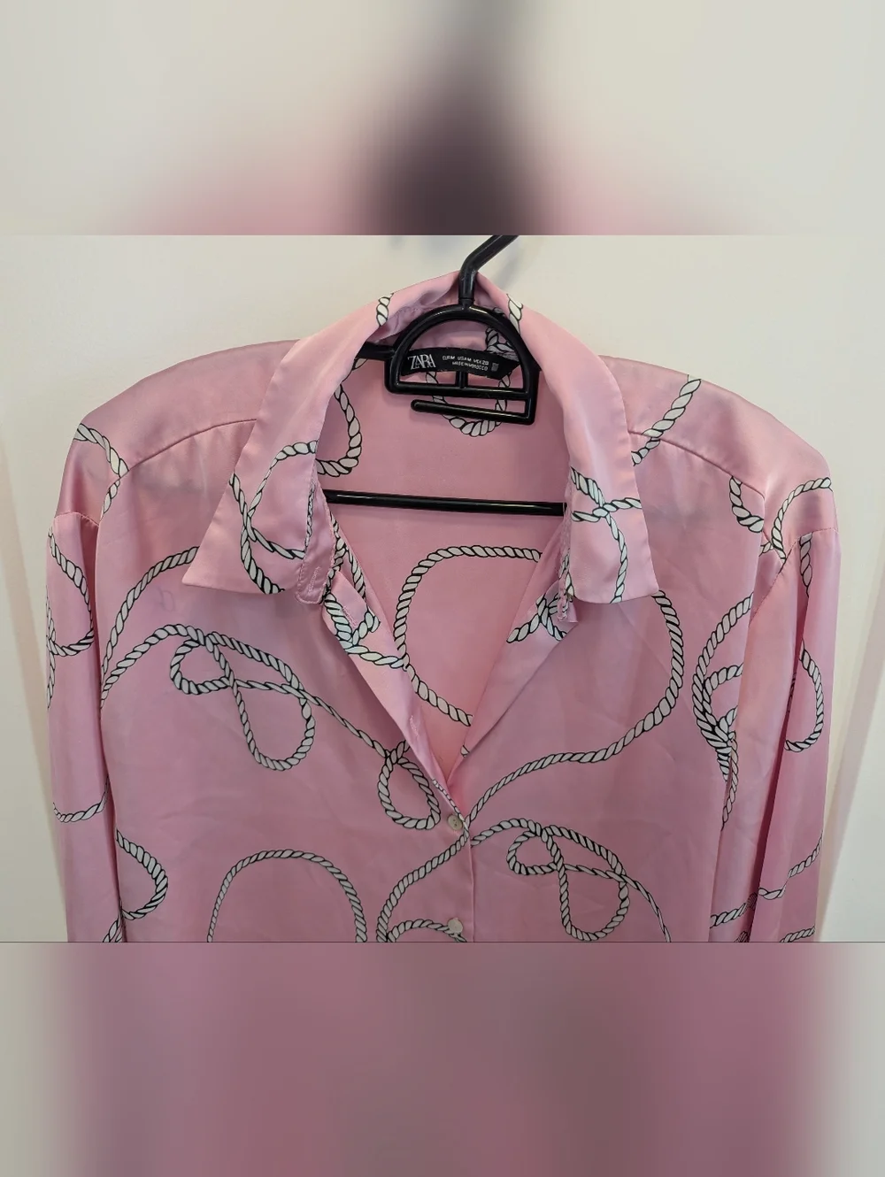 Zara Pink Satin Rope-Print Button-Up Blouse - Picture 3 of 9